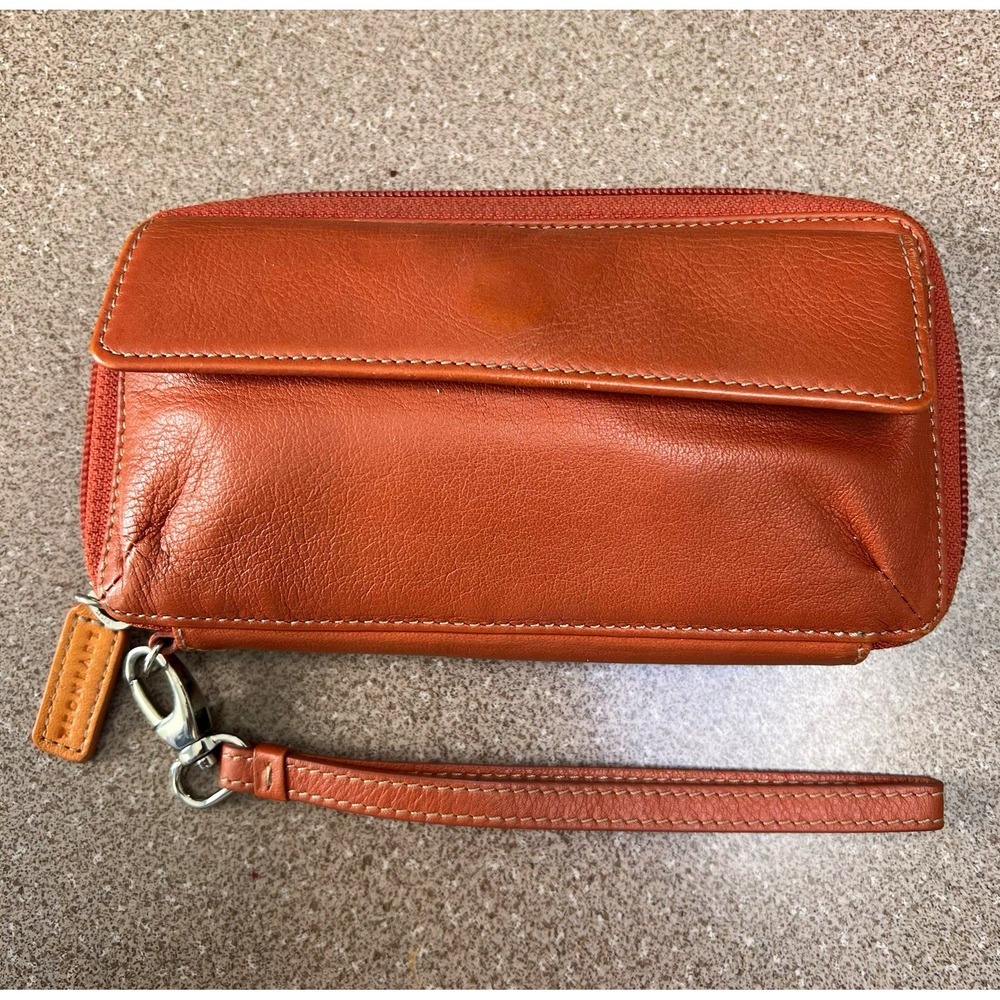 Levenger orange Zip-Around Wristlet Wallet Wrist Strap Credit Card zip closure